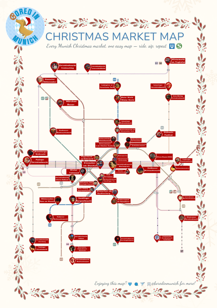 Munich Christmas Market Guide Map – festive U-Bahn & S-Bahn route planner for all major Munich Christkindlmarkt locations.